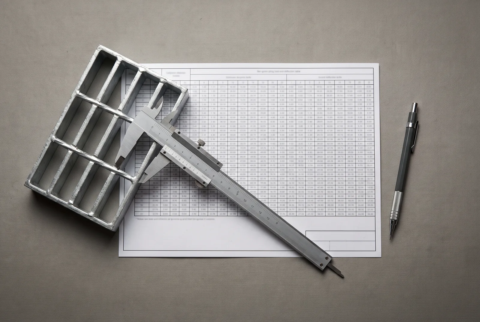 Flat-lay of a bar grating load table, a cut sample of welded steel grating, and a caliper measuring bearing-bar depth on an engineer's desk