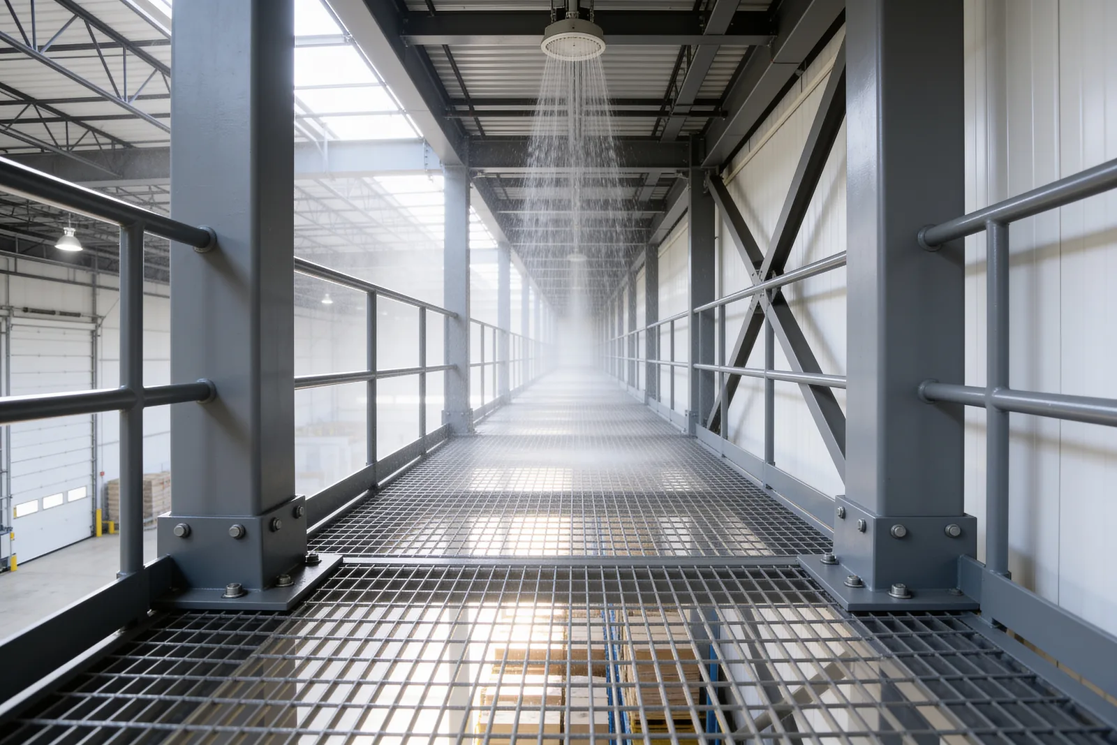 Grated steel mezzanine walkway inside a facility with daylight and overhead sprinkler spray visibly passing down through the open deck to the level below