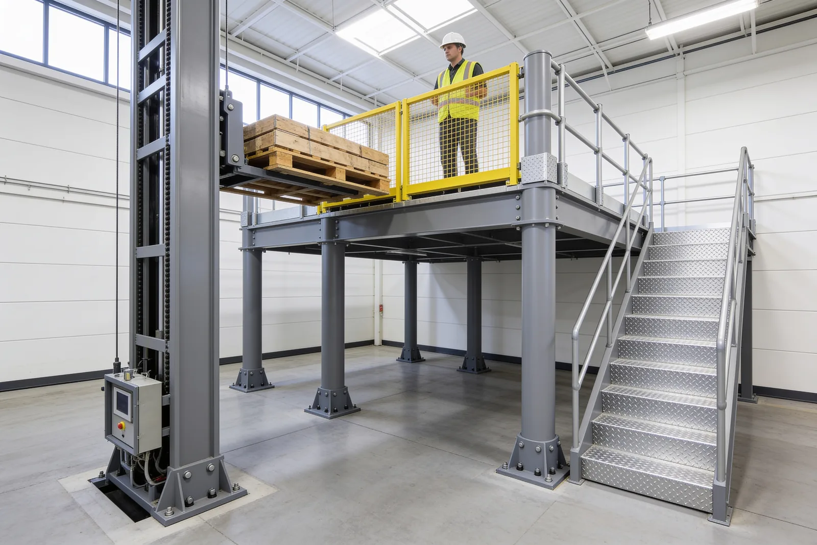 Vertical reciprocating conveyor beside a grey steel mezzanine lifting a loaded pallet to the upper deck as a worker waits at a pallet gate