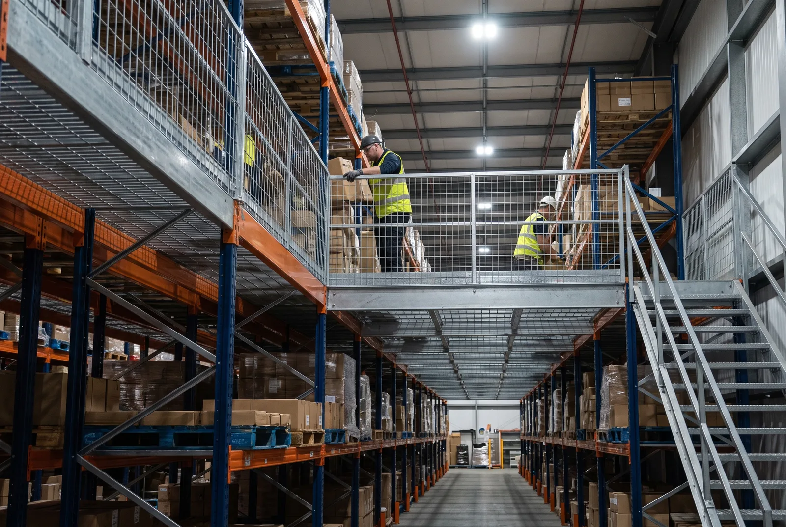 Rack-supported mezzanine with bar-grating catwalk walkways built on top of structural pallet racking in a dense storage warehouse