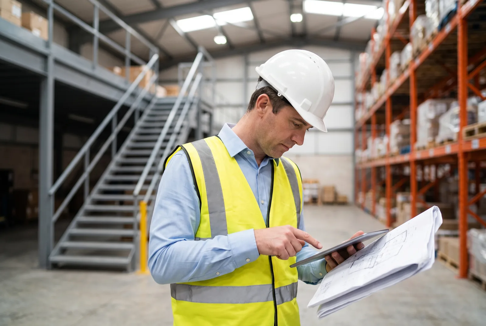 Structural engineer comparing free-standing and rack-supported mezzanine options on a tablet, standing between a mezzanine and pallet racking