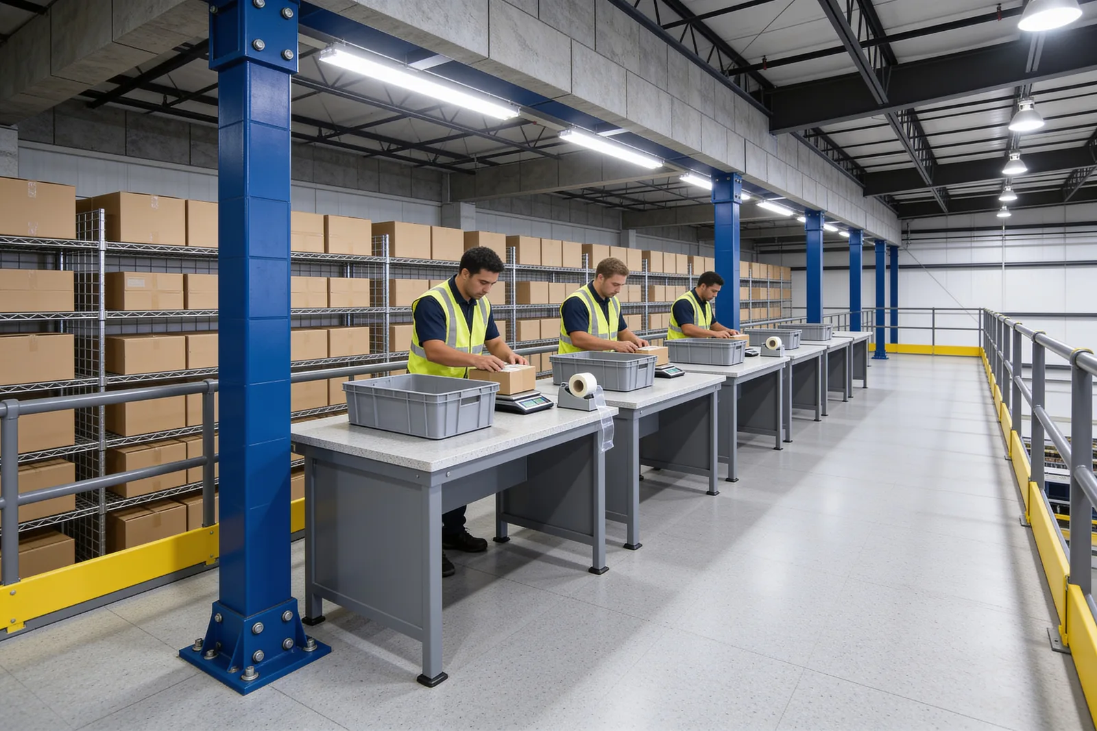 Returns processing on a mezzanine deck: a row of grey steel workstations with totes and tape dispensers, three workers in hi-vis vests inspecting goods, blue steel columns on bolted base plates, wire shelving of unmarked cartons behind, and a guarded deck edge with a yellow kick plate overlooking the warehouse floor