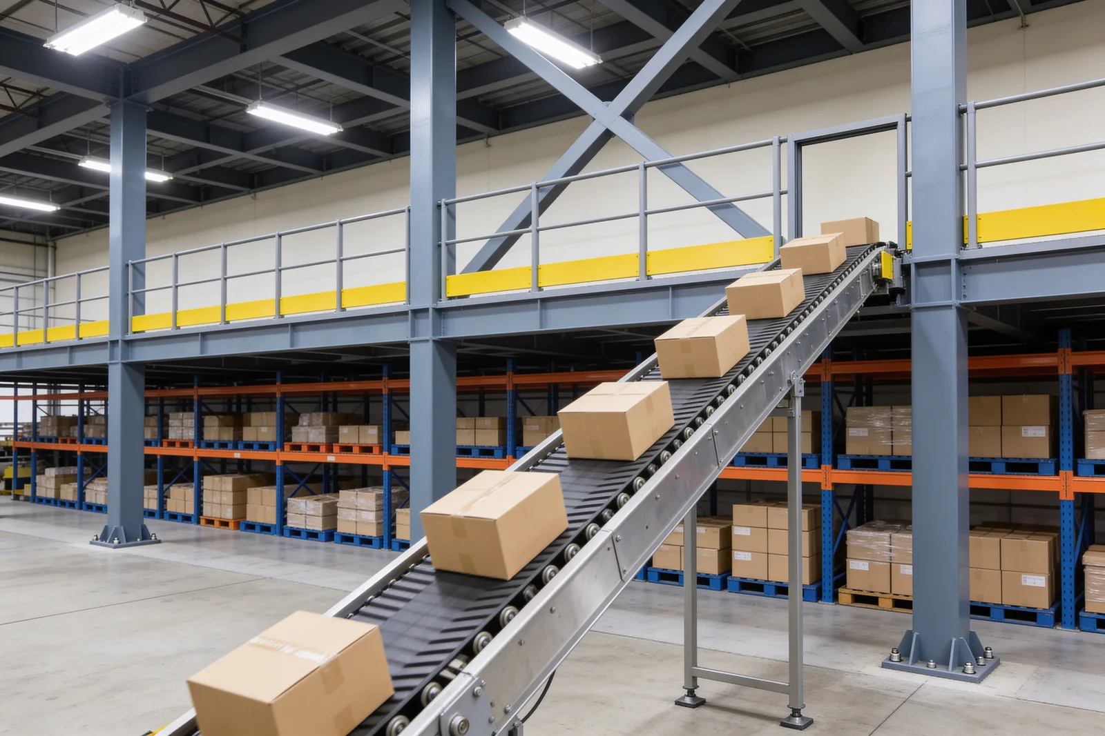 Incline belt conveyor carrying unmarked cardboard cartons from the warehouse floor up to a framed opening in the edge of a steel mezzanine deck, with slate-grey columns on bolted base plates, X-bracing, a yellow kick plate along the deck edge and pallet racking beneath