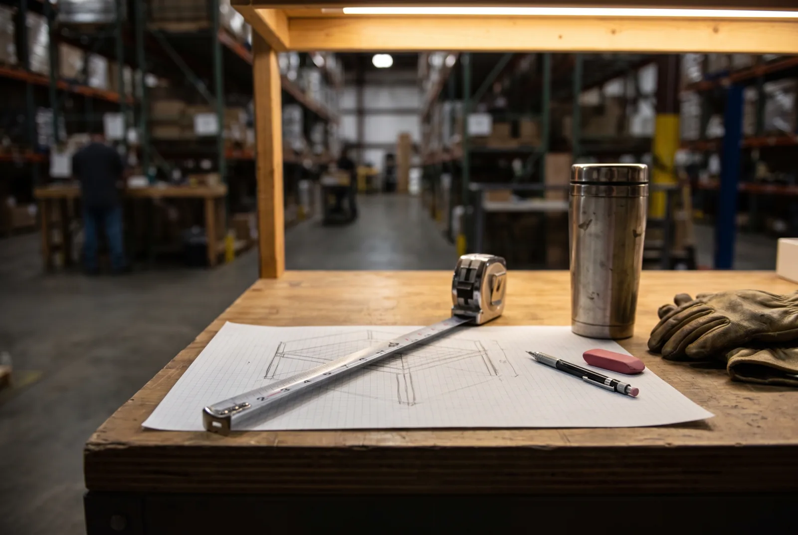 Facility manager's hand-sketched mezzanine floor plan on grid paper with a steel tape measure and work gloves on a warehouse work table