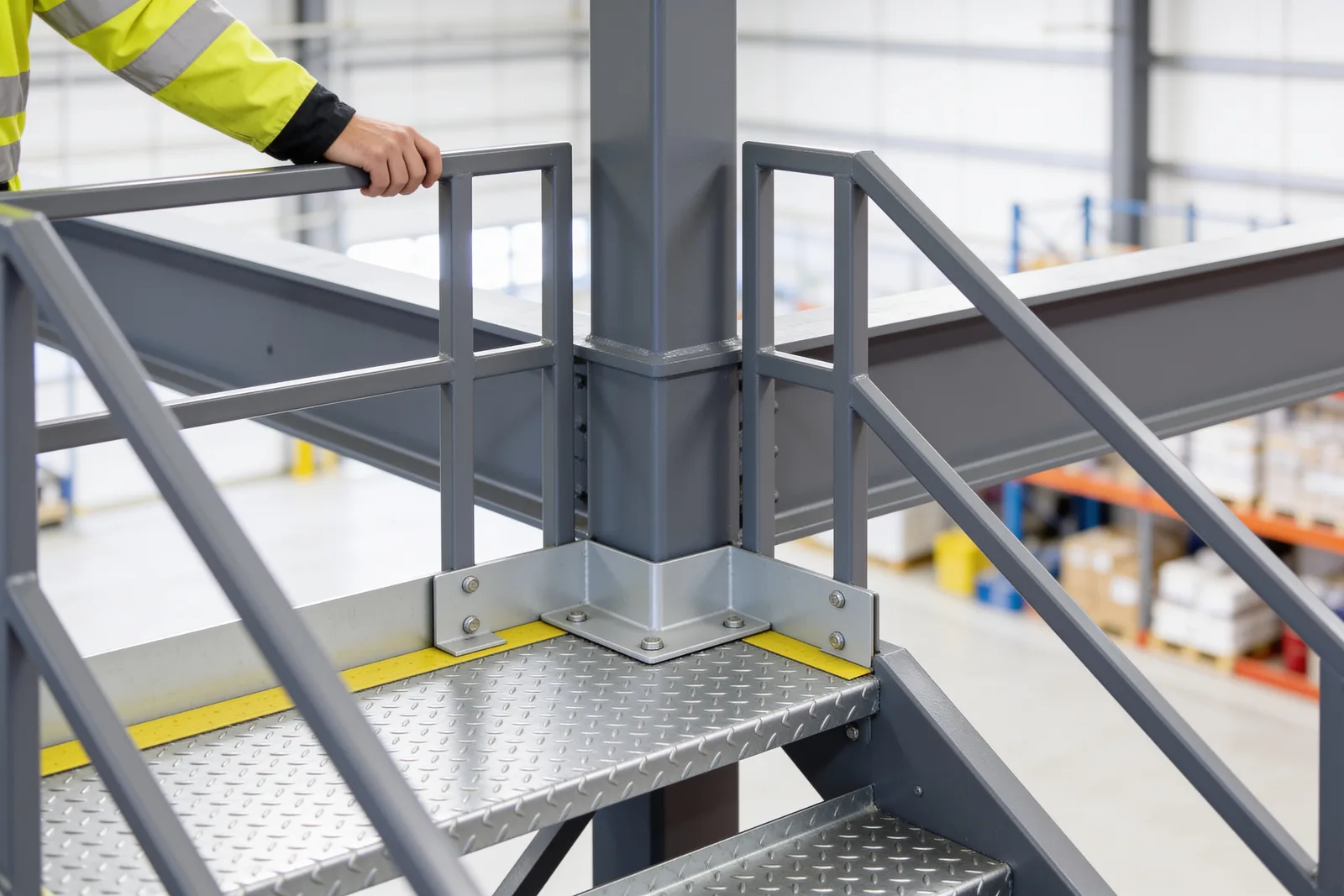 Corner detail of a steel mezzanine where the column, C-section perimeter beam, guardrail and galvanized staircase meet