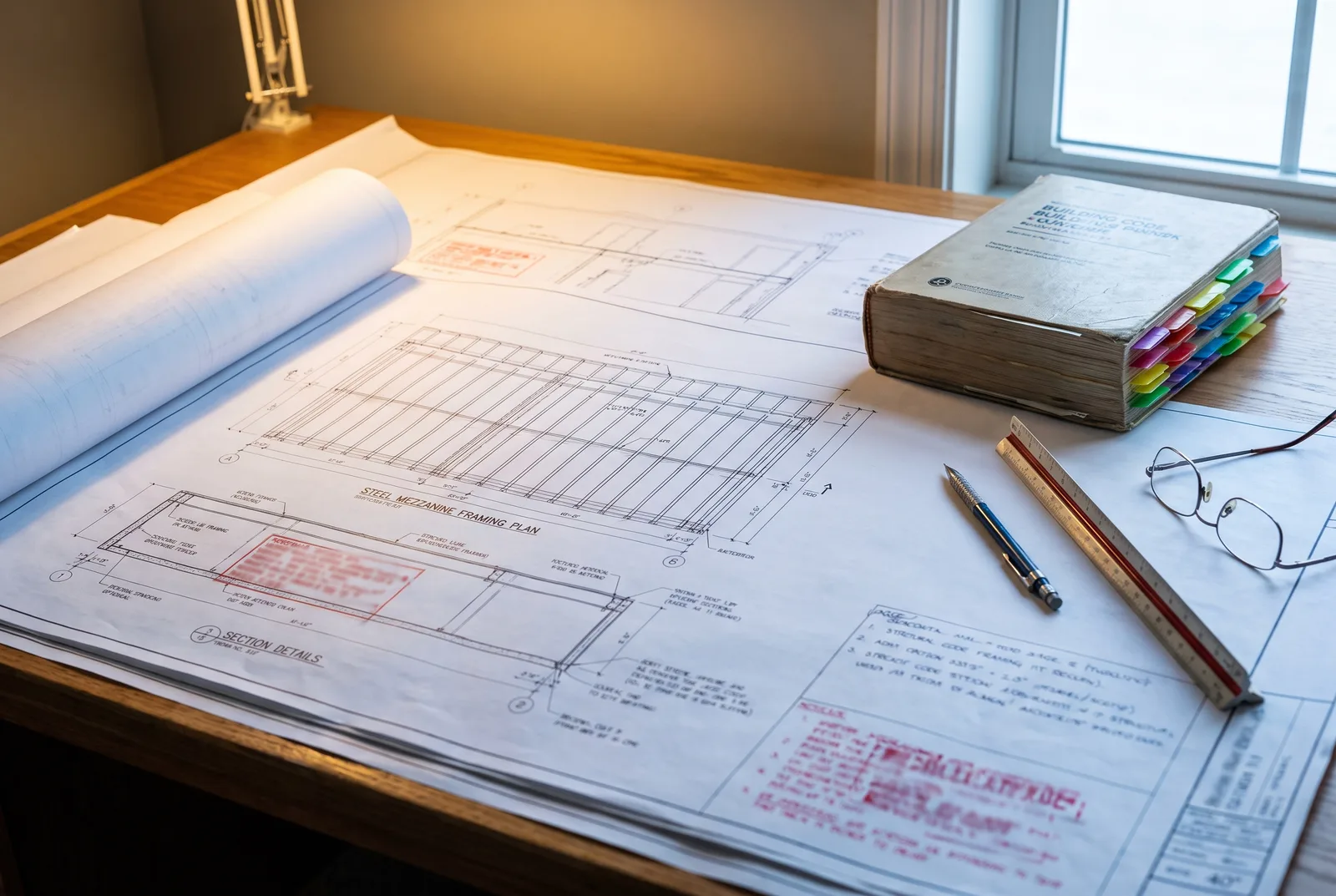 Stamped structural drawings for a steel mezzanine next to a tabbed building-code book on a plan review table