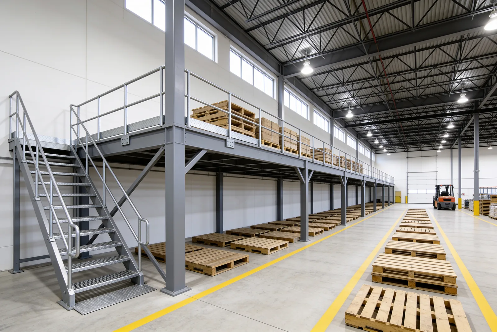Tall warehouse where a steel mezzanine occupies roughly one third of the floor area, illustrating the IBC one-third rule