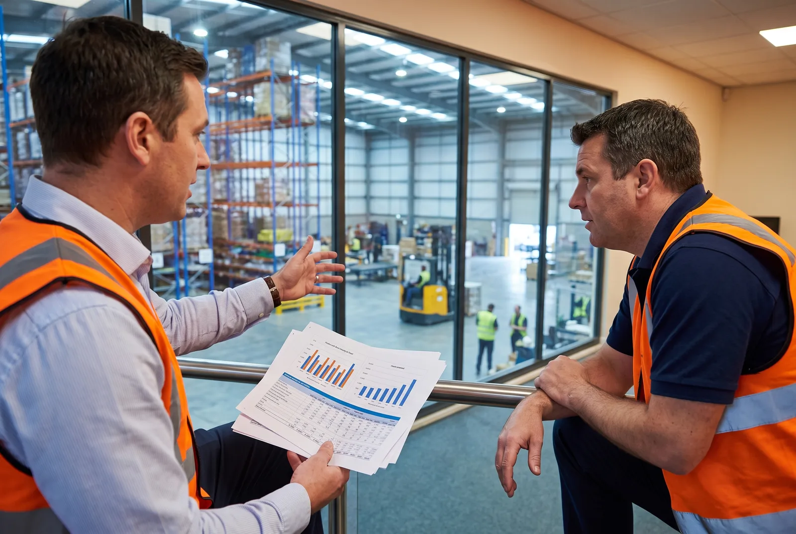 Operations managers reviewing cost charts at the window of a mezzanine office overlooking a warehouse floor