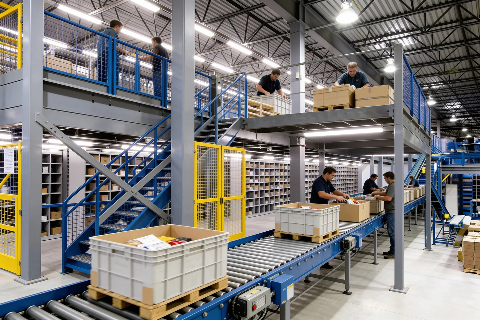 Two-level e-commerce pick module mezzanine with carton flow shelving and a tote conveyor running through the structure
