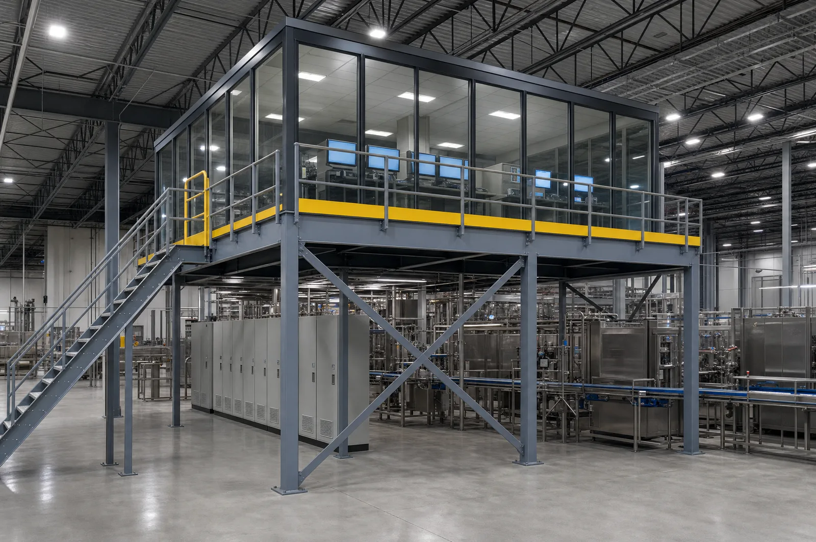 Glazed control room on a structural steel mezzanine above a factory production hall: slate-grey square tube columns with X-bracing carry a deck edged in safety-yellow, the enclosed room above is glazed on all sides with operator consoles and screens inside, a steel stair with a yellow gate rises at the left, and grey electrical control cabinets and a stainless steel process line run underneath the deck