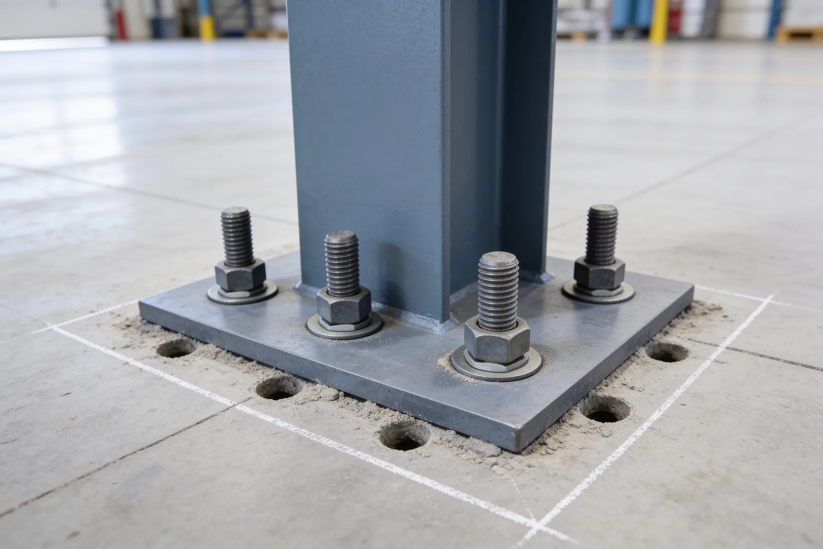 Detail of a steel mezzanine column base plate anchored to a concrete slab with four exposed anchor bolts, washers and hex nuts, chalk layout lines and freshly drilled holes around it