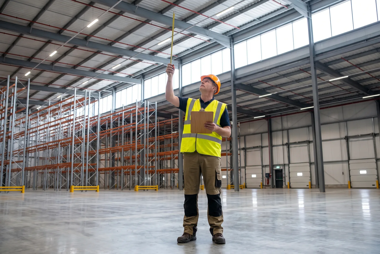 Warehouse operations manager in hi-vis vest and hard hat holding a clipboard and tape measure, looking up at the open ceiling space in an empty high-bay area