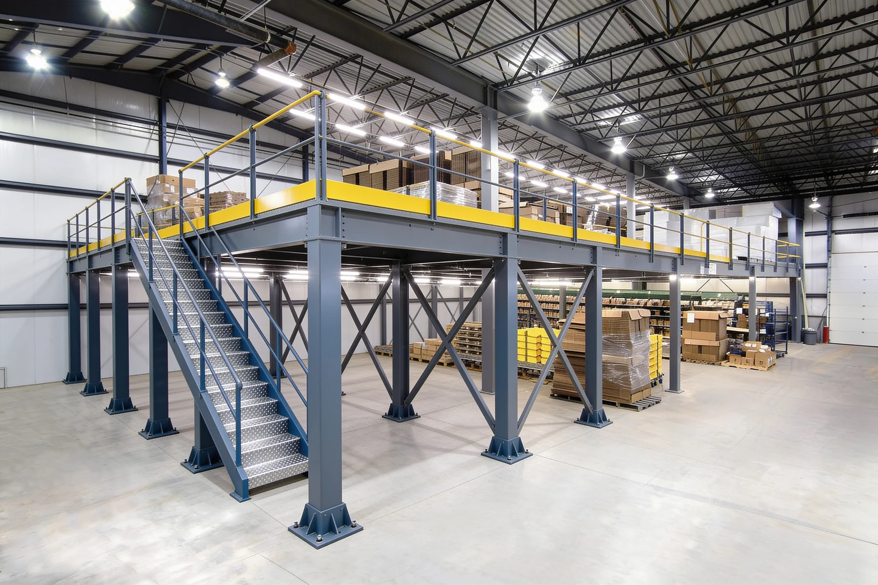 Wide view of a free-standing structural steel storage mezzanine in a distribution warehouse, slate-blue columns on bolted base plates with X-bracing, a yellow deck fascia and a galvanized stair run