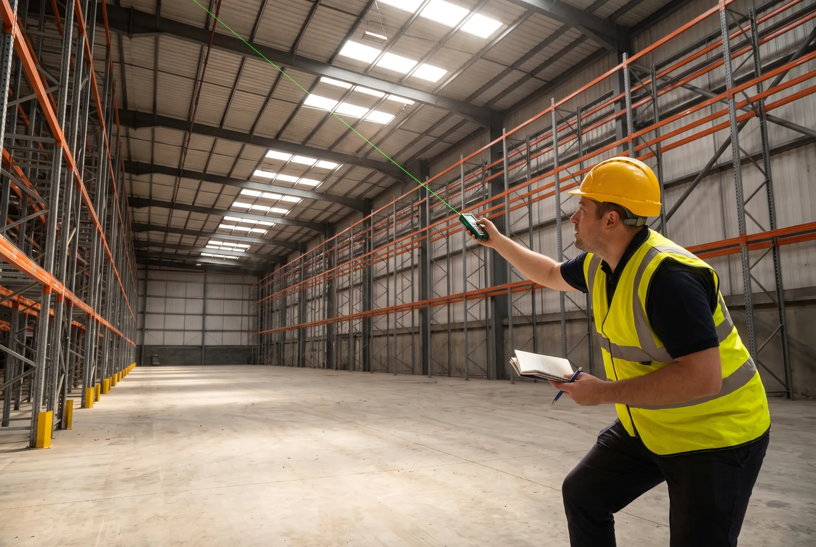 Facilities surveyor aiming a laser distance meter up toward distant roof joists to measure warehouse clear height