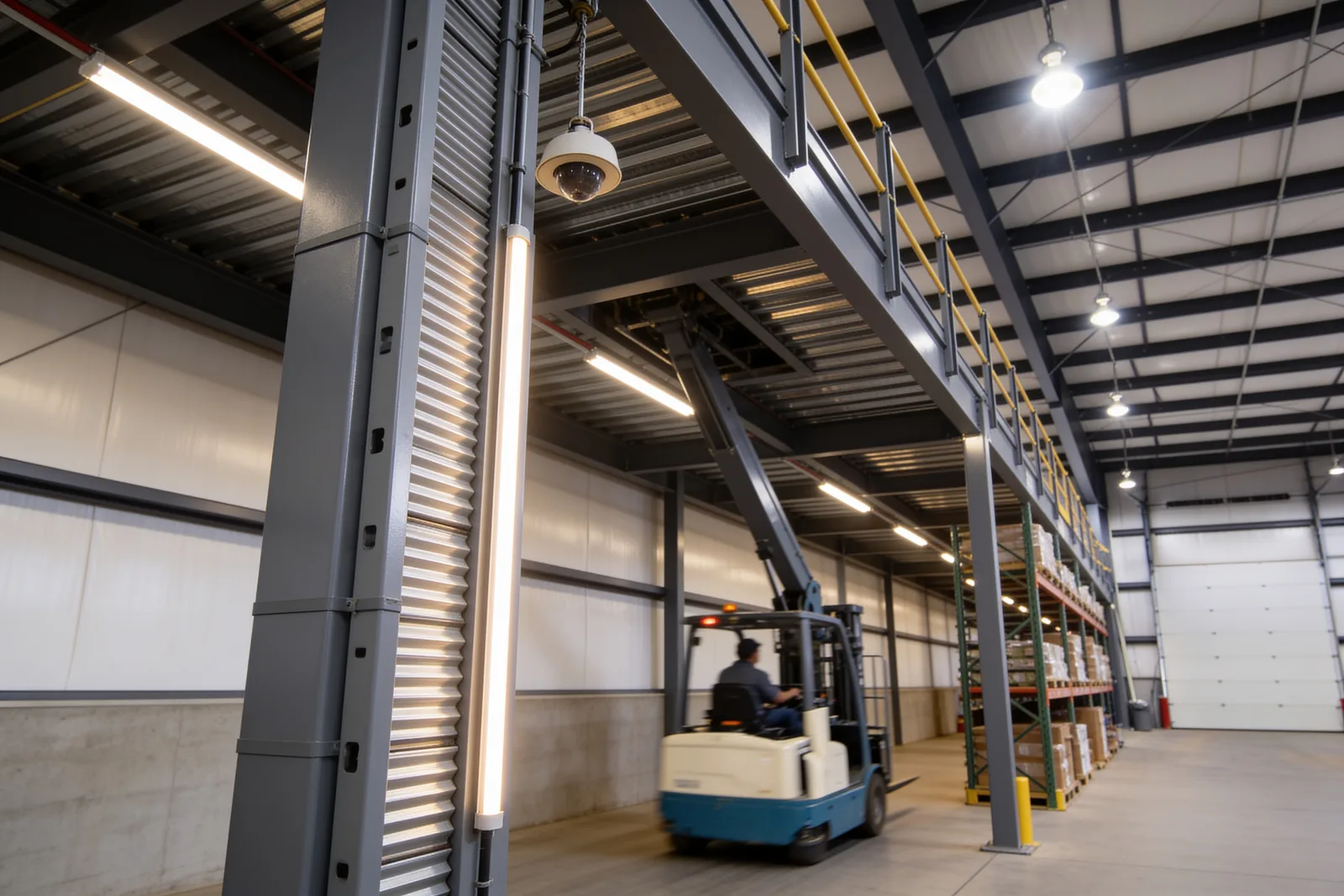 Reach truck with lowered mast passing under a mezzanine deck with joists, LED strip lighting and a sprinkler head above it