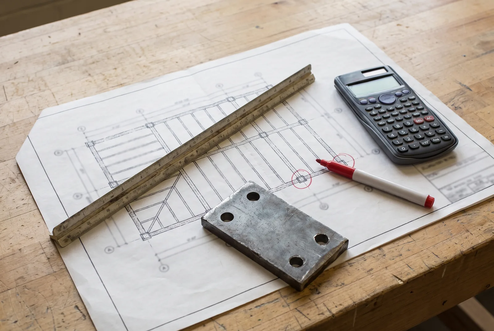 Overhead flat-lay of a mezzanine framing plan with column grid linework, scale ruler, calculator and a steel base plate sample