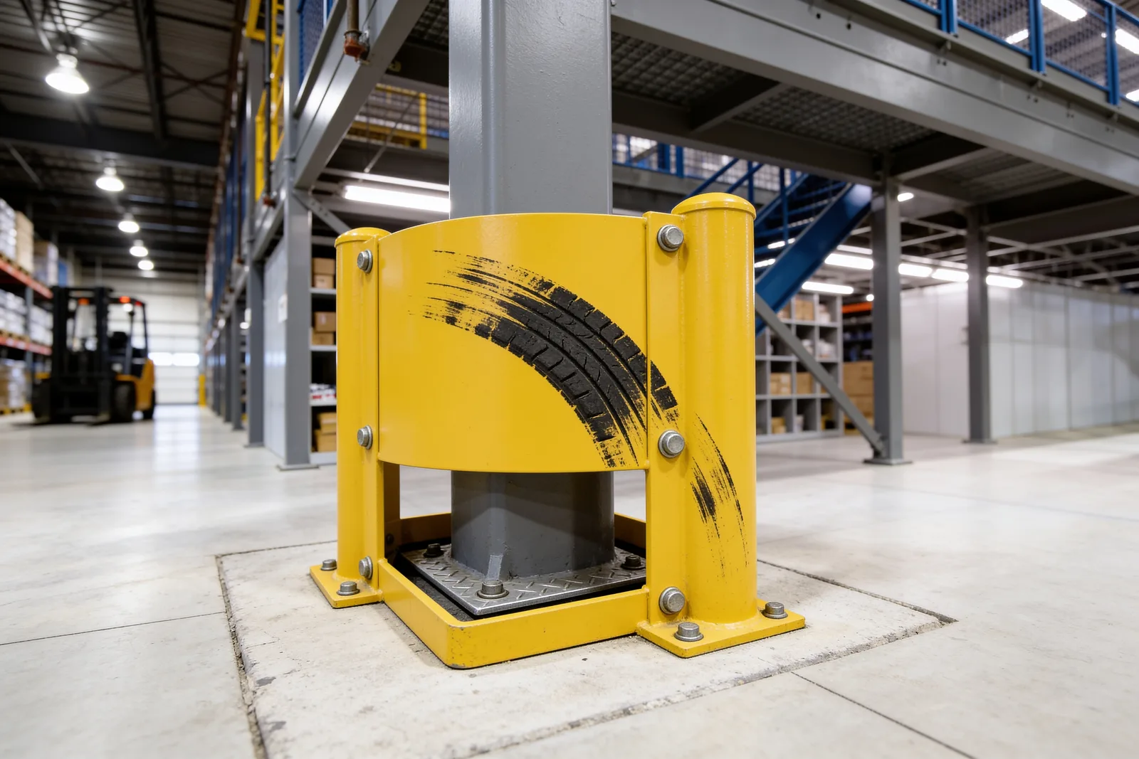 Safety-yellow column guard with tire scuff marks protecting the base of a mezzanine column beside a forklift aisle