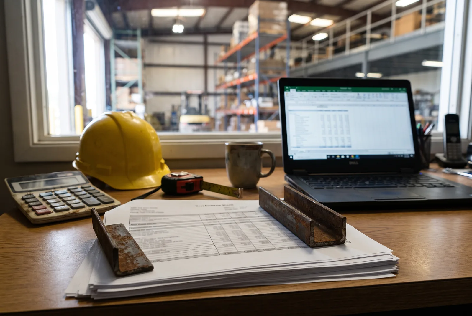 Facility manager's desk with printed mezzanine cost estimates, a calculator, hard hat and steel samples, warehouse visible through the office window