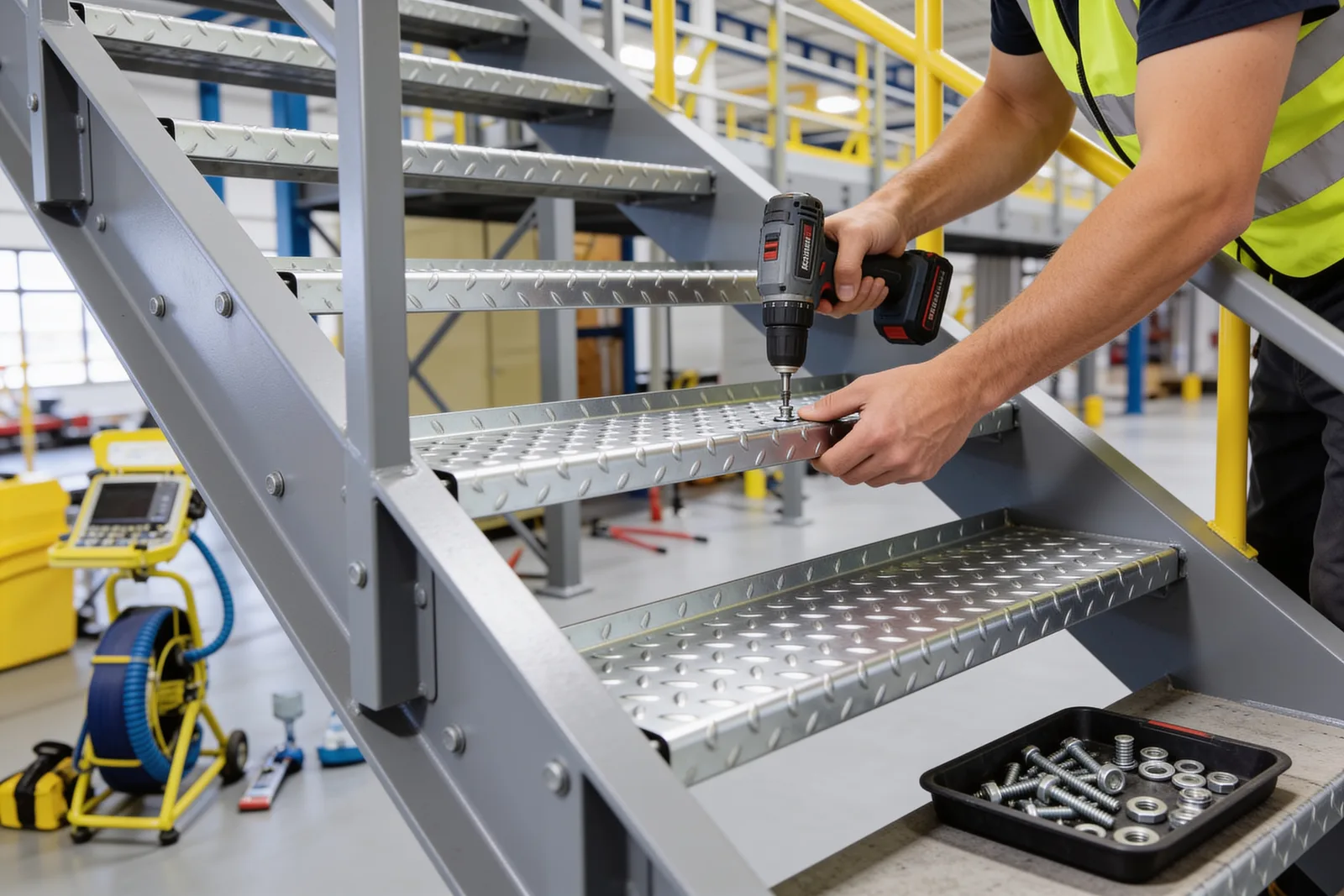 Installer bolting a galvanized dimple stair tread onto the channel stringer of an industrial mezzanine staircase