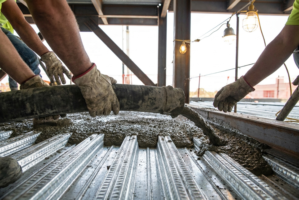 Construction workers pouring fresh concrete onto B-deck corrugated steel decking for a mezzanine installation