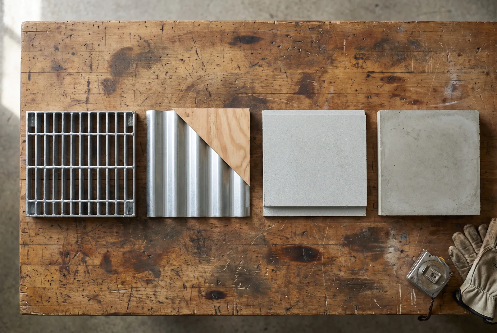 Four mezzanine decking material samples side by side on a workbench: bar grating, corrugated B-deck with plywood overlay, resin floor panel, and concrete