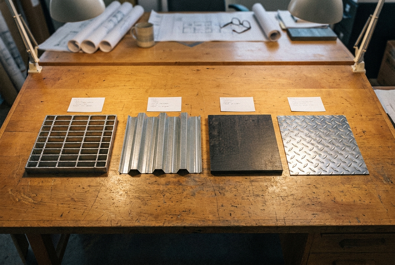 Four samples of mezzanine decking materials laid side-by-side on a wood drafting desk: bar grating, B-deck, resin board, and diamond plate