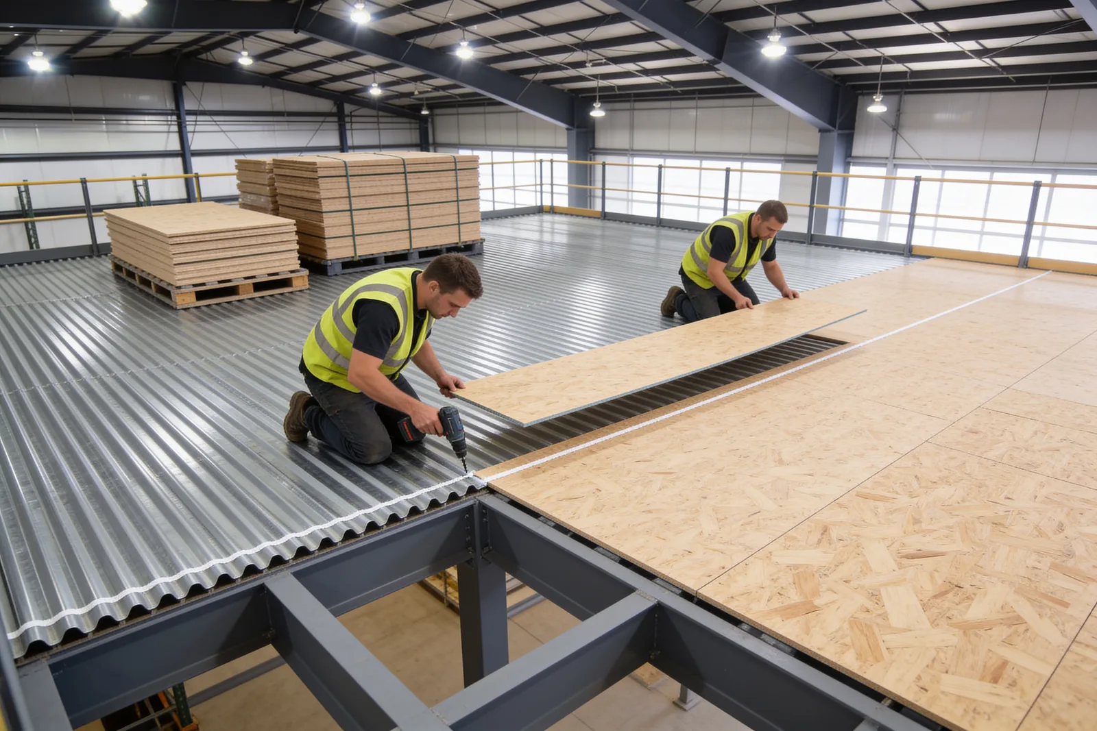 Installers fastening plywood overlay panels over corrugated steel B-deck on a mezzanine under construction