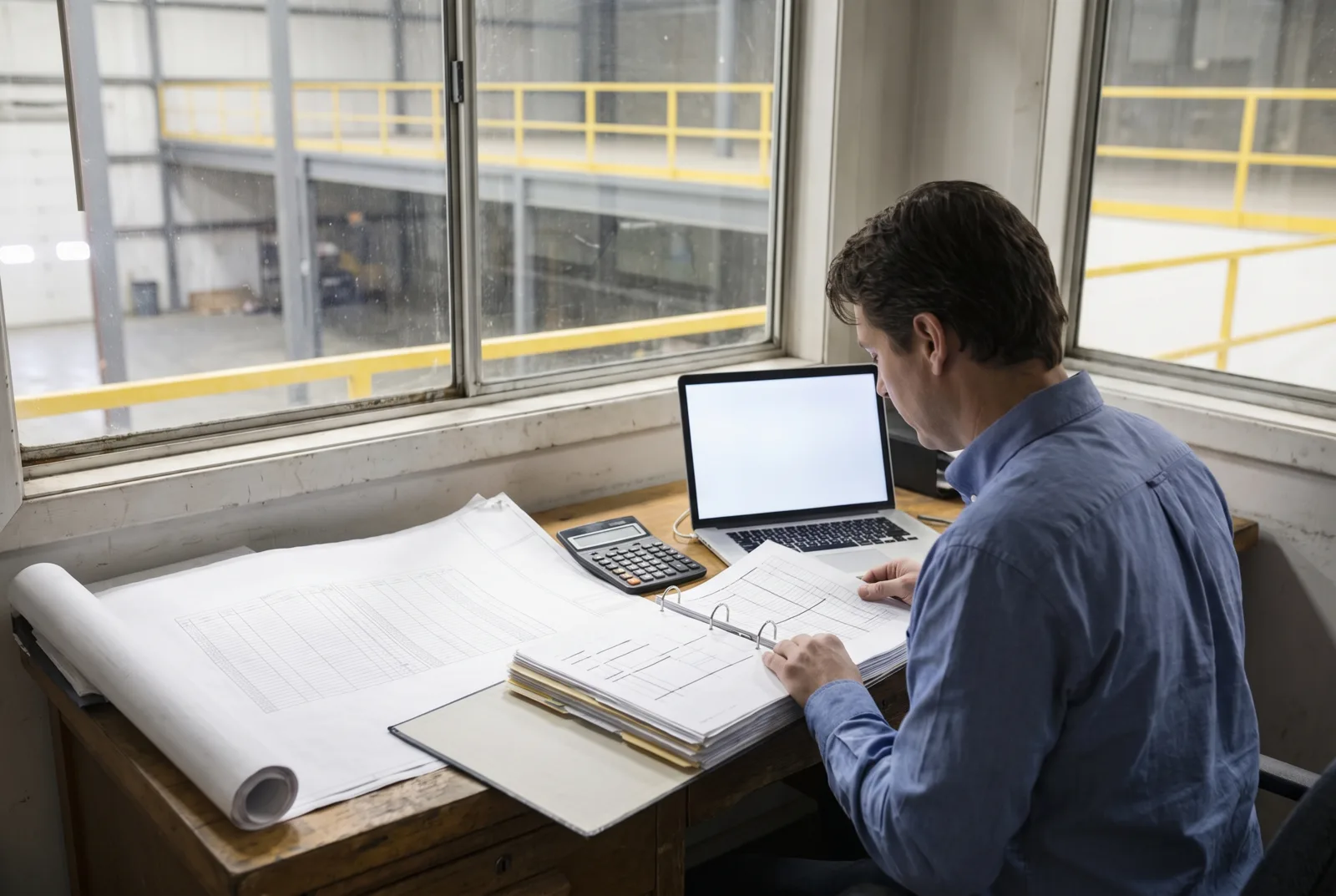 A finance professional at a desk by a warehouse window reviews a ring binder of ruled project records beside a large roll of drawings, a calculator and a laptop, with a yellow-railed elevated platform visible on the warehouse floor through the glass
