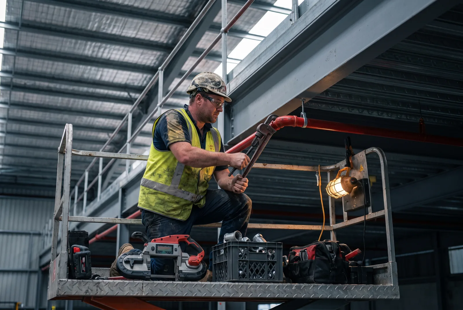 Fire sprinkler fitter working from a scissor lift threading red branch piping into a fitting below a mezzanine deck