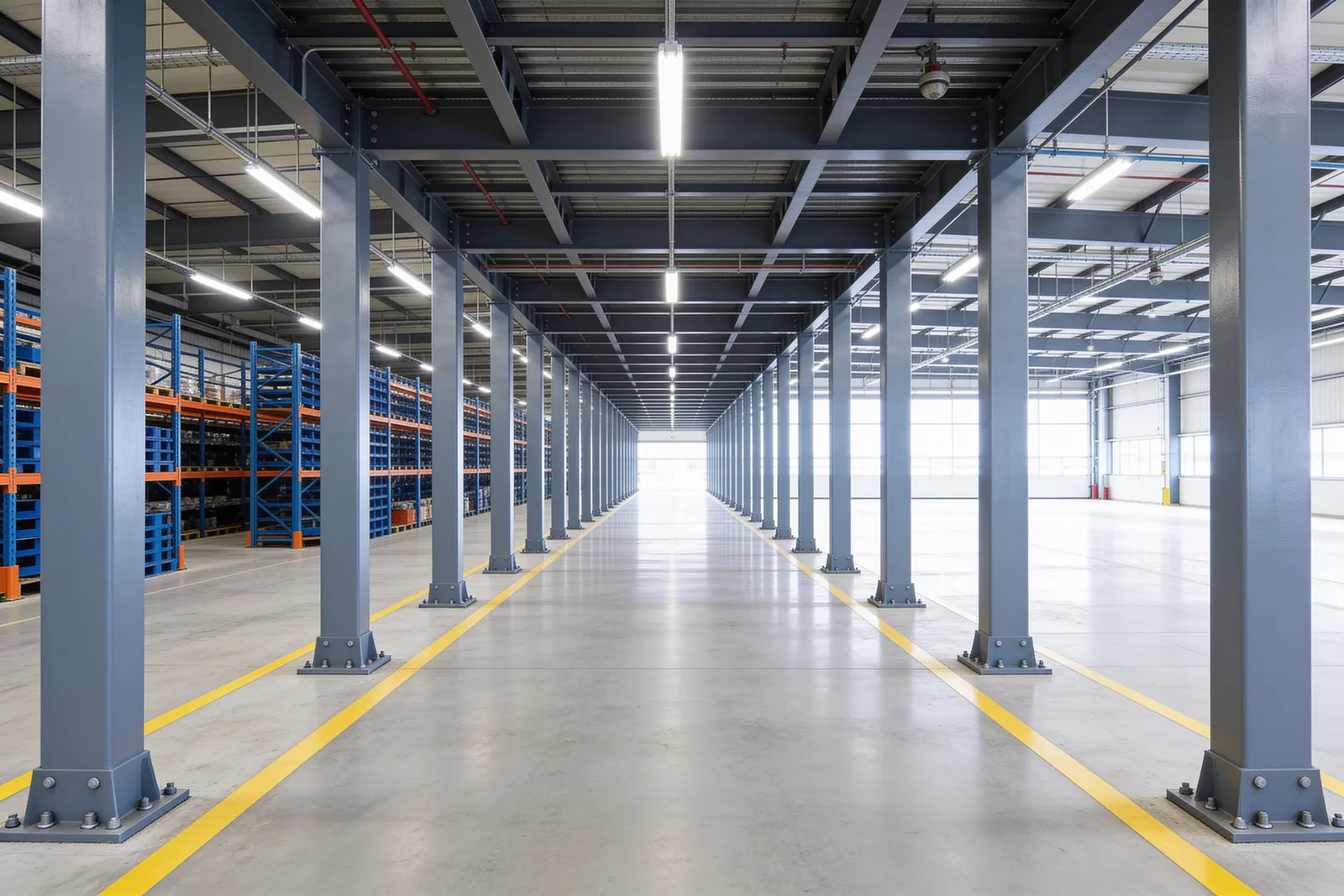 Clear aisle running beneath a steel mezzanine between two rows of slate-grey square tube columns on bolted base plates, the underside of the deck overhead showing steel beams, metal deck, sprinkler piping and linear light fittings, with pallet racking set back beyond the column line on both sides