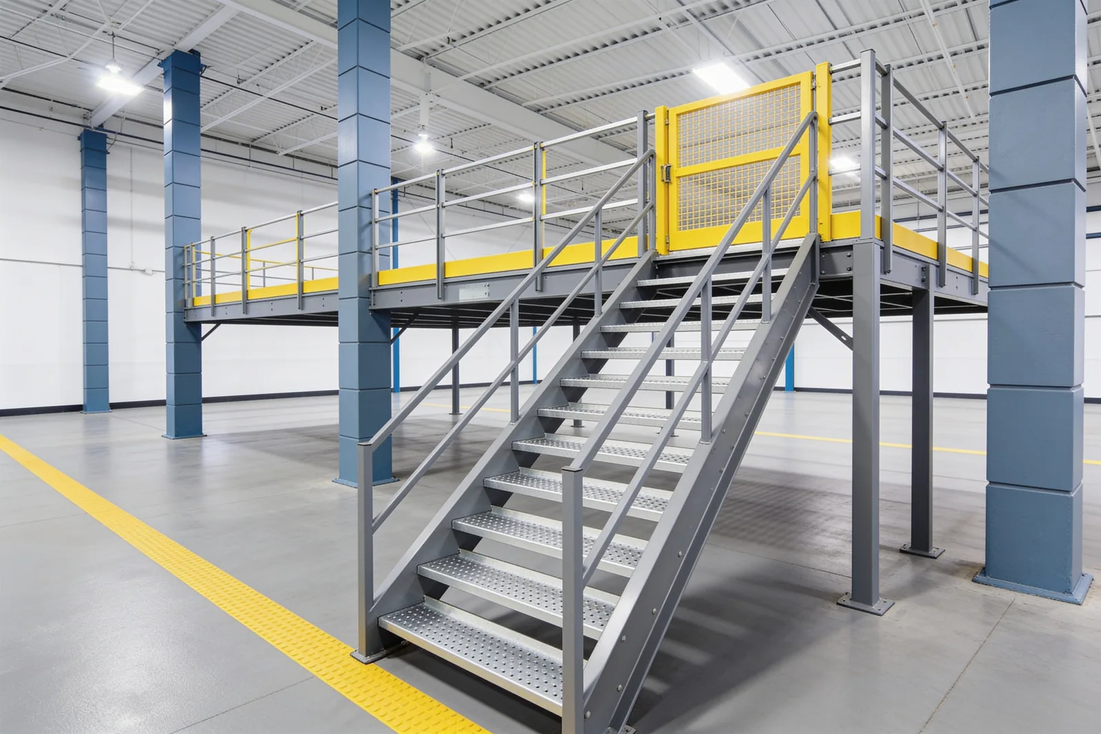 Straight galvanized steel stair with dimple-tread treads and handrails on both sides rising from a warehouse slab to a steel mezzanine deck, a safety-yellow self-closing swing gate at the top, yellow kick plates along the deck edge, and yellow floor striping marking the keep-clear zone at the base