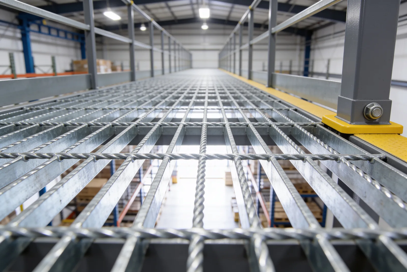 Low close perspective of an open galvanized steel bar-grating mezzanine deck, light passing up through the grid from the level below, with a guardrail post and safety-yellow toe plate at the deck edge