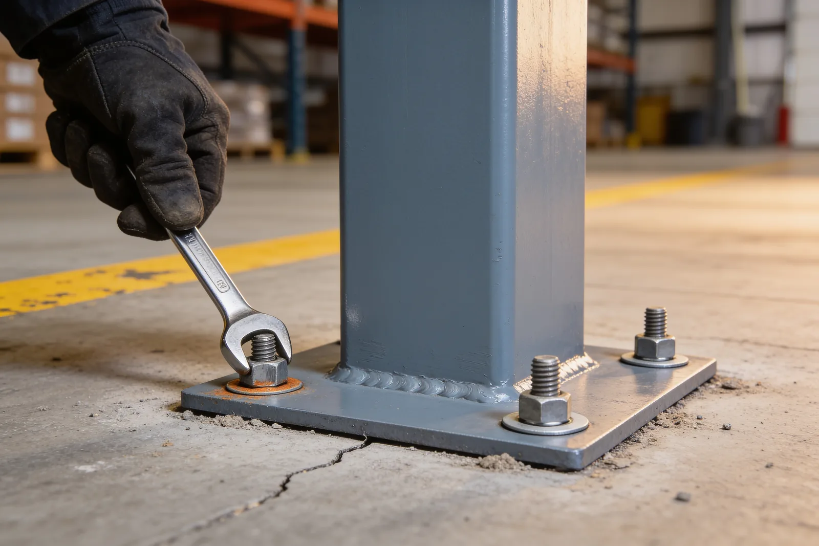 Close detail of a grey steel mezzanine column welded to a flat base plate bolted to a concrete slab, with a gloved hand putting an open-end wrench on one anchor nut, orange rust blooming under an adjacent washer and a hairline crack running through the slab