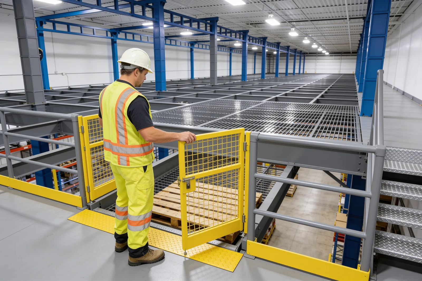 Worker in hi-vis standing on a bar-grating mezzanine deck with a hand on a yellow mesh swing gate at a pallet drop zone, beside grey guardrail with yellow kick plates and a galvanized stair landing at right