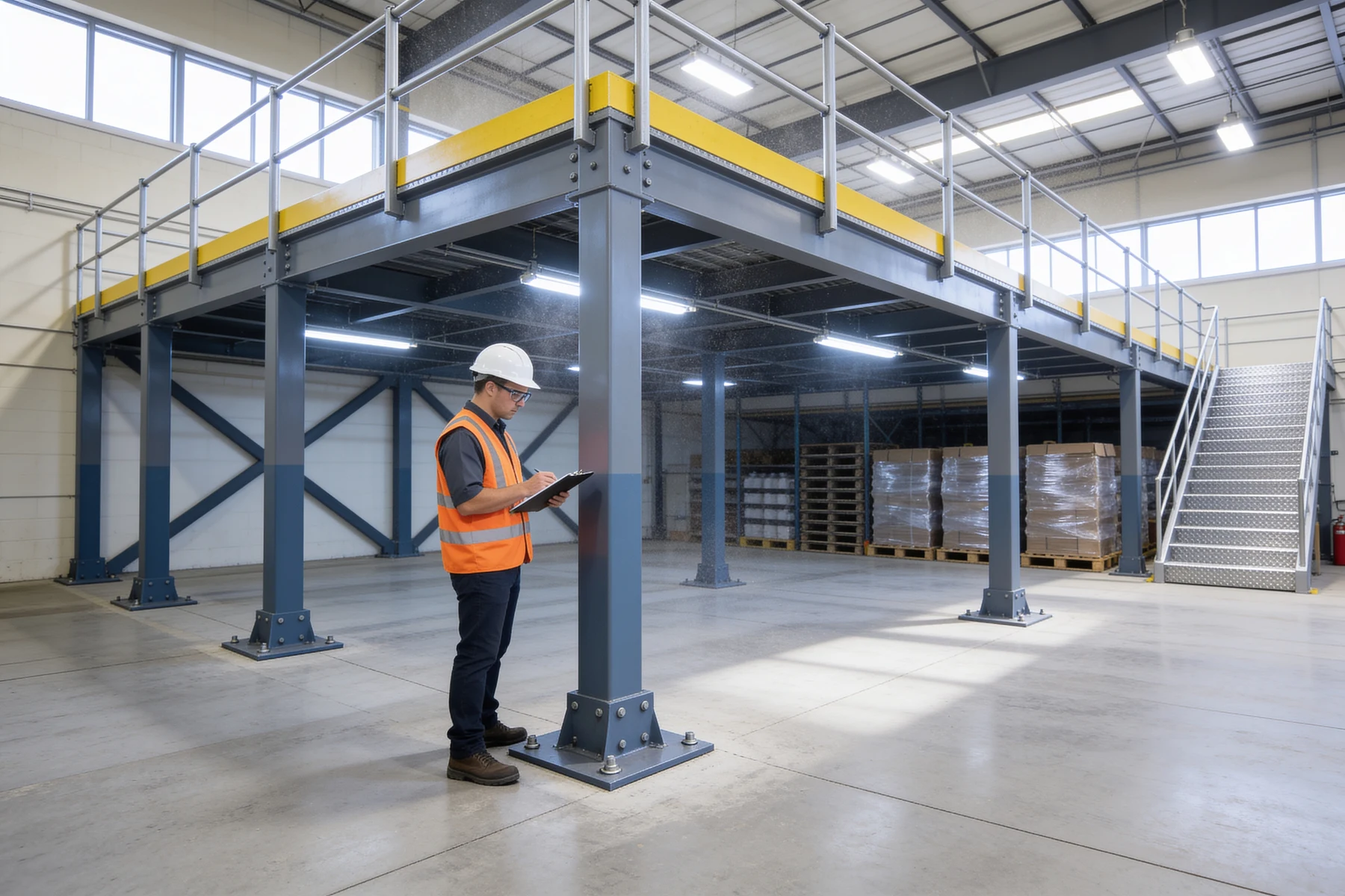 Safety inspector in a hi-vis vest and white hard hat standing at the base of a free-standing steel mezzanine column, examining the bolted base plate while holding a clipboard, with X-bracing and a yellow-edged deck overhead