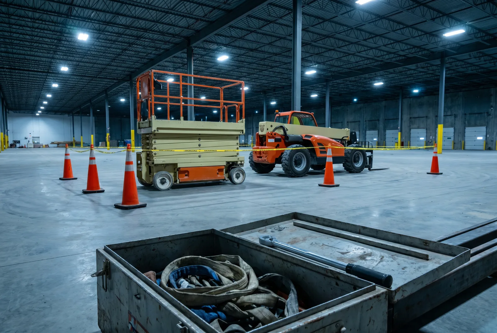 Electric scissor lift and telehandler staged inside a coned-off warehouse install zone before a mezzanine installation shift