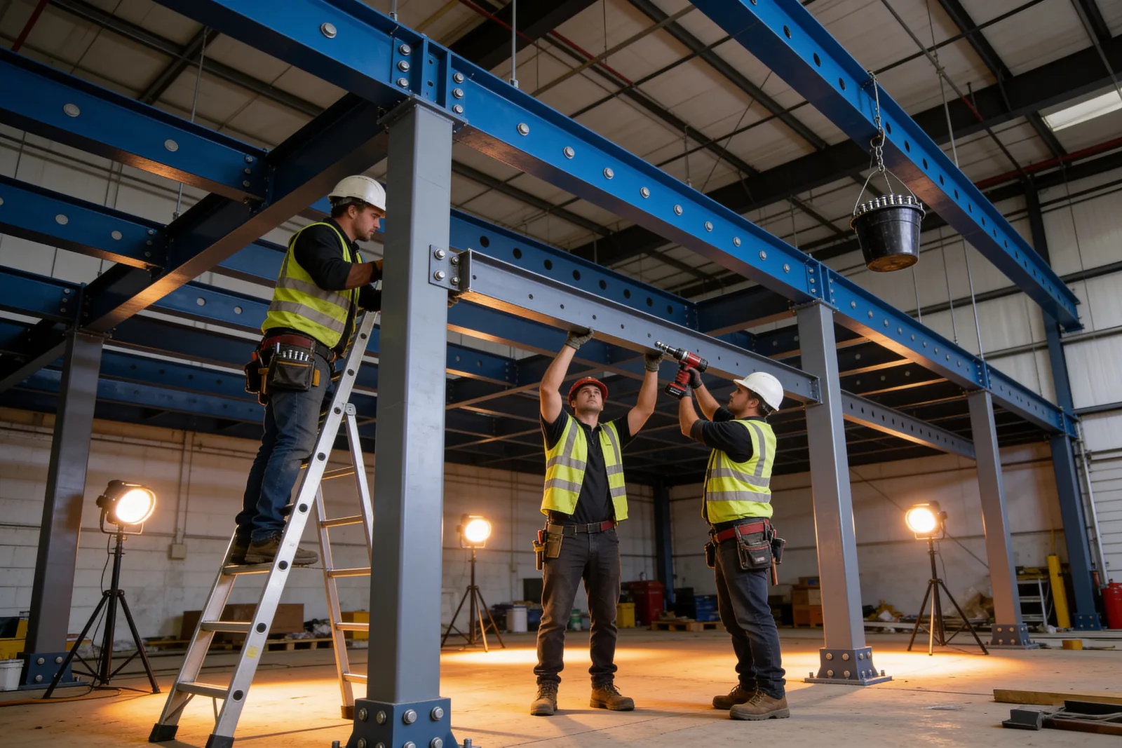 Three installers bolting C-section joists to a slate-blue primary beam under work lights during a mezzanine installation