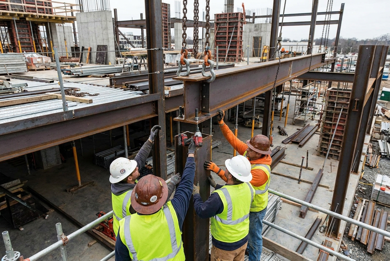 Construction workers installing a heavy steel I-beam onto a mezzanine column at a job site, with crane chains holding the beam in position