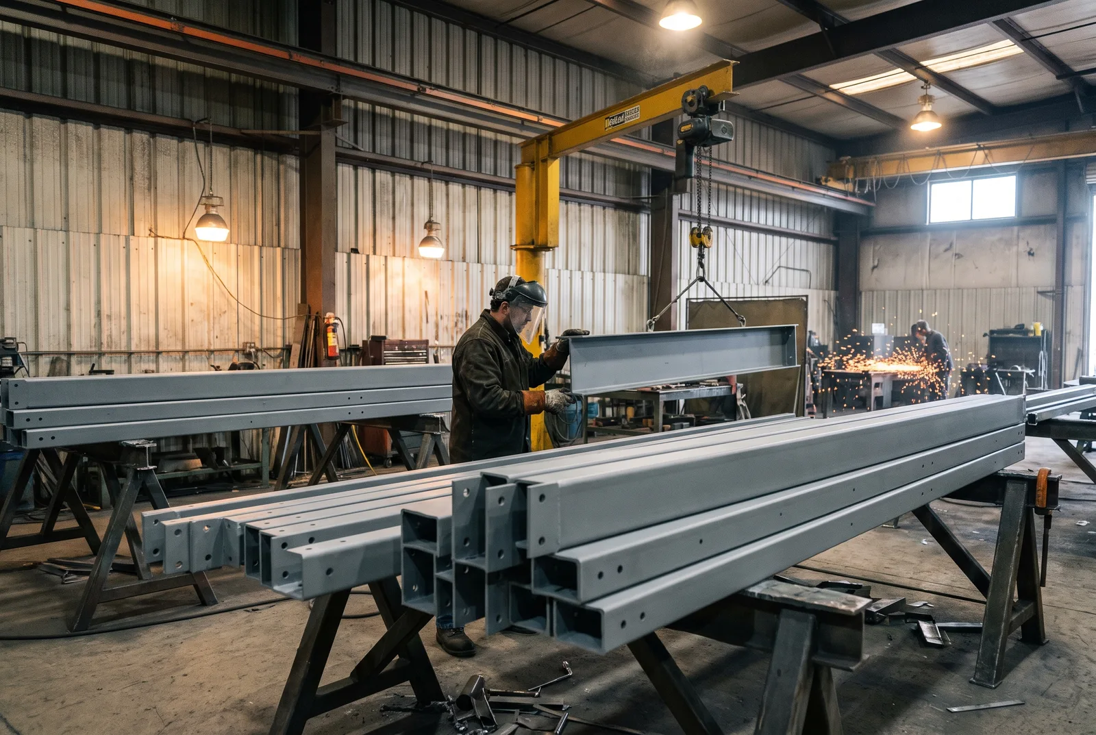 Powder-coated C-section mezzanine beams and joists staged in a steel fabrication shop with a worker moving components on a jib crane