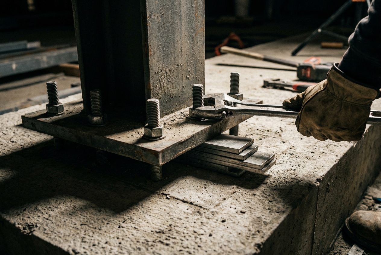 Detail close-up of a steel mezzanine column being anchored to a concrete slab with anchor bolts and leveling shims
