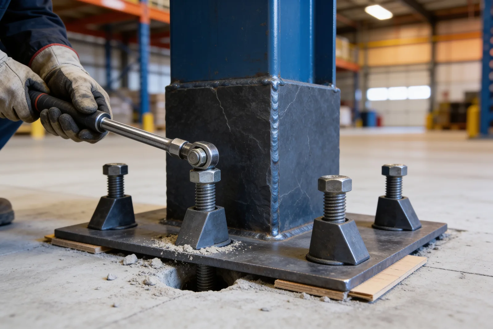 Worker torquing anchor bolts on a mezzanine column base plate fastened to the concrete slab