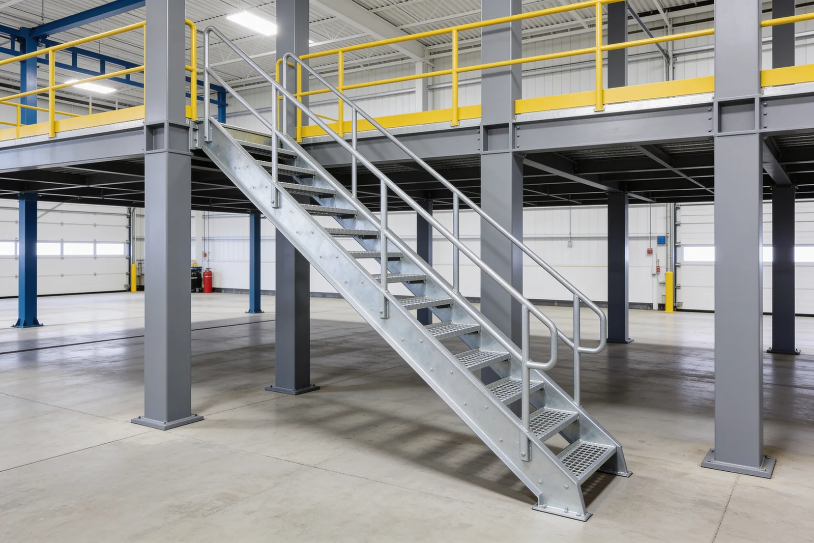 Galvanized steel access stair with handrails on both sides rising to a steel mezzanine platform — the standard-stair band of the angle spectrum