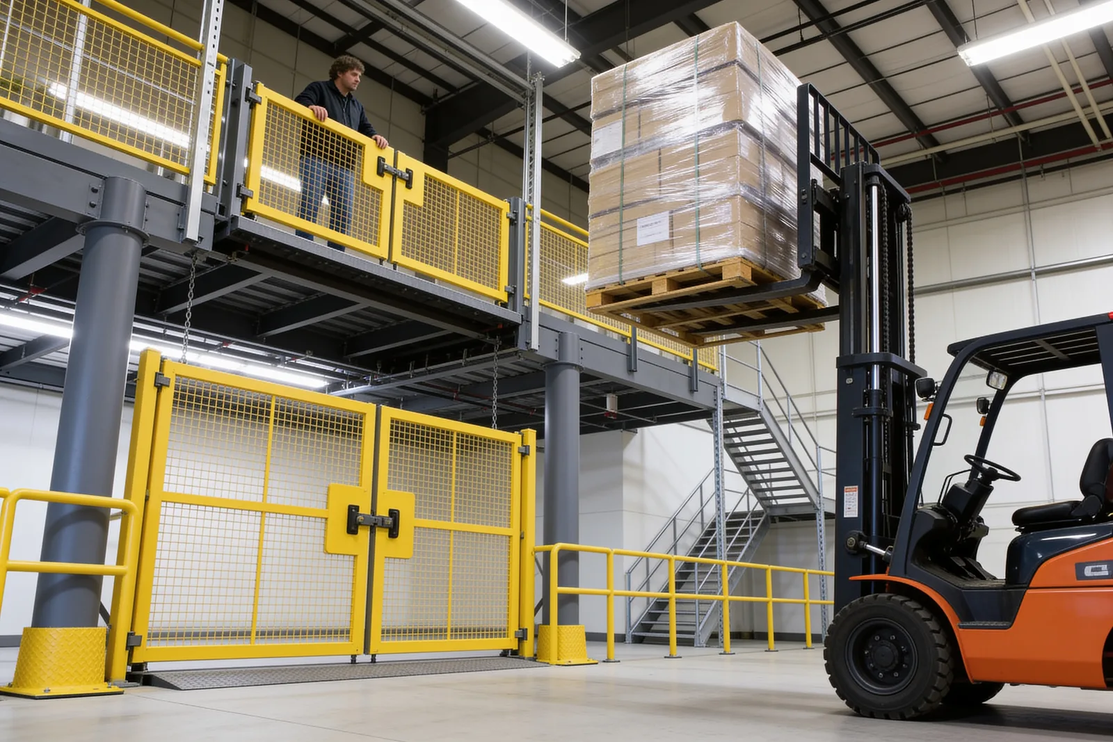 Counterbalance forklift raising a wrapped pallet to a mezzanine pallet-drop gate while a worker waits behind the barrier