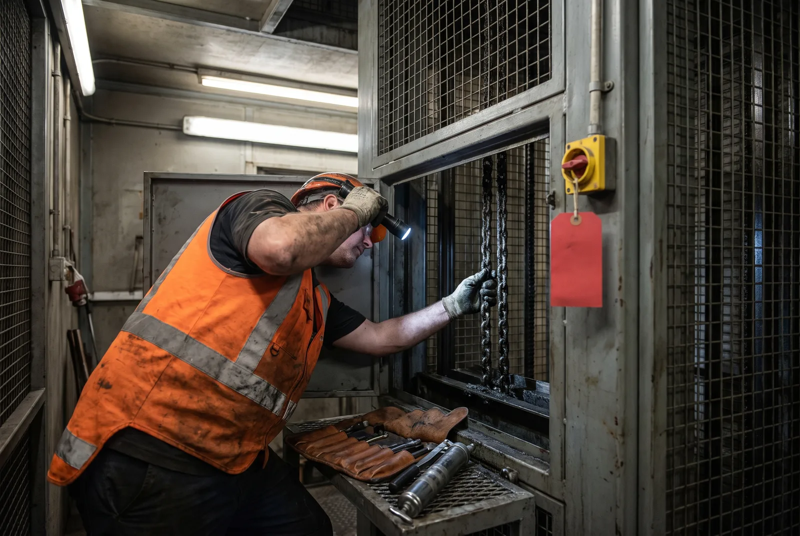 Maintenance technician inspecting the lifting chain of a vertical material lift with the mast access panel open