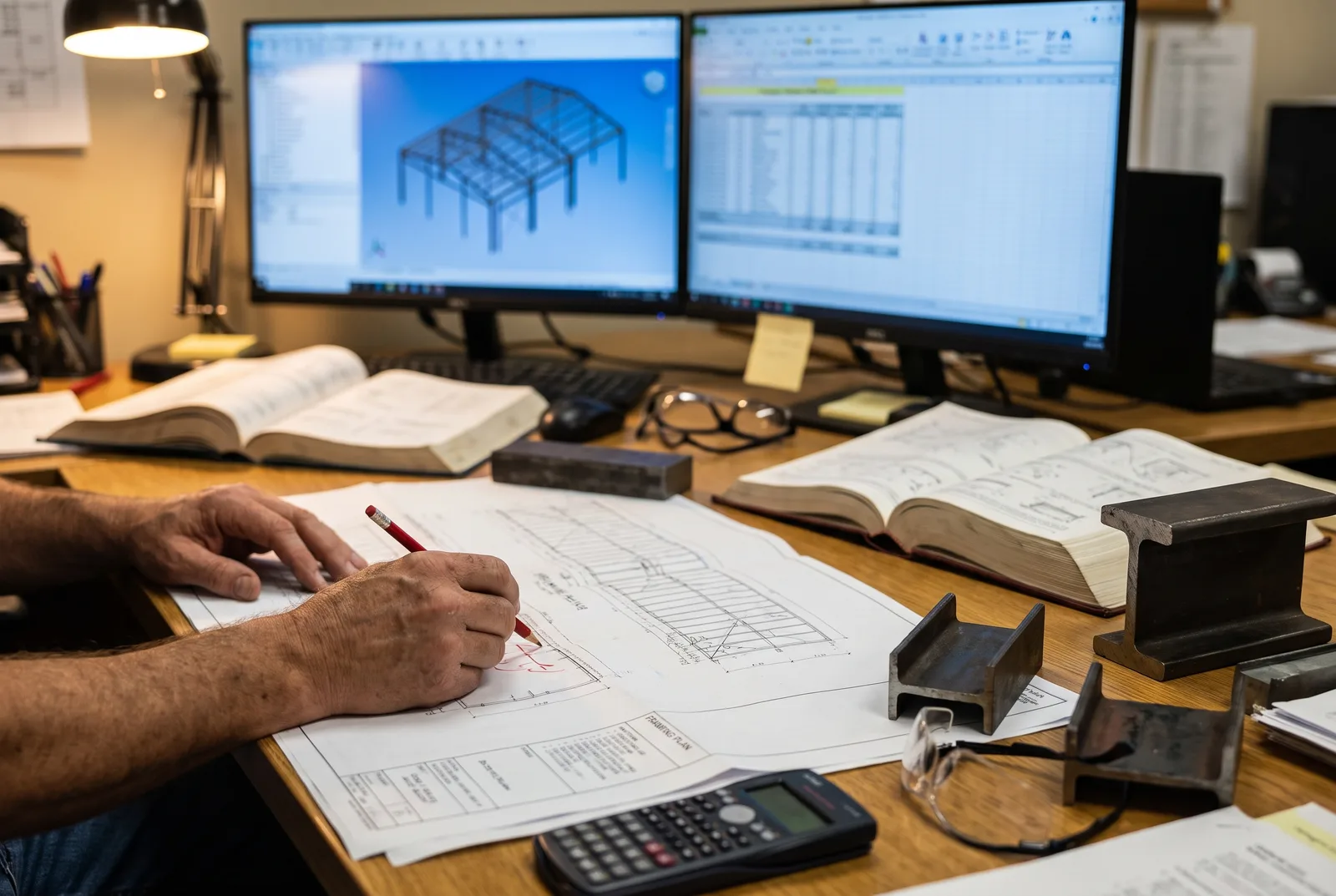Structural engineer annotating a mezzanine framing plan beside monitors showing a structural model and load calculations