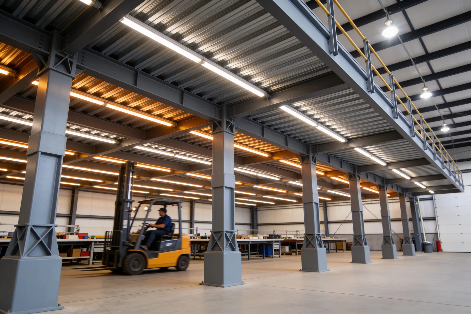 Underside of a steel mezzanine showing C-section joists, corrugated B-deck and LED lighting, with a reach truck passing below