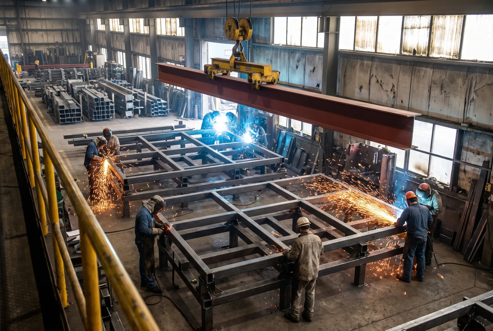 Wide view across a steel fabrication plant floor with welders assembling mezzanine columns and an overhead crane carrying a beam