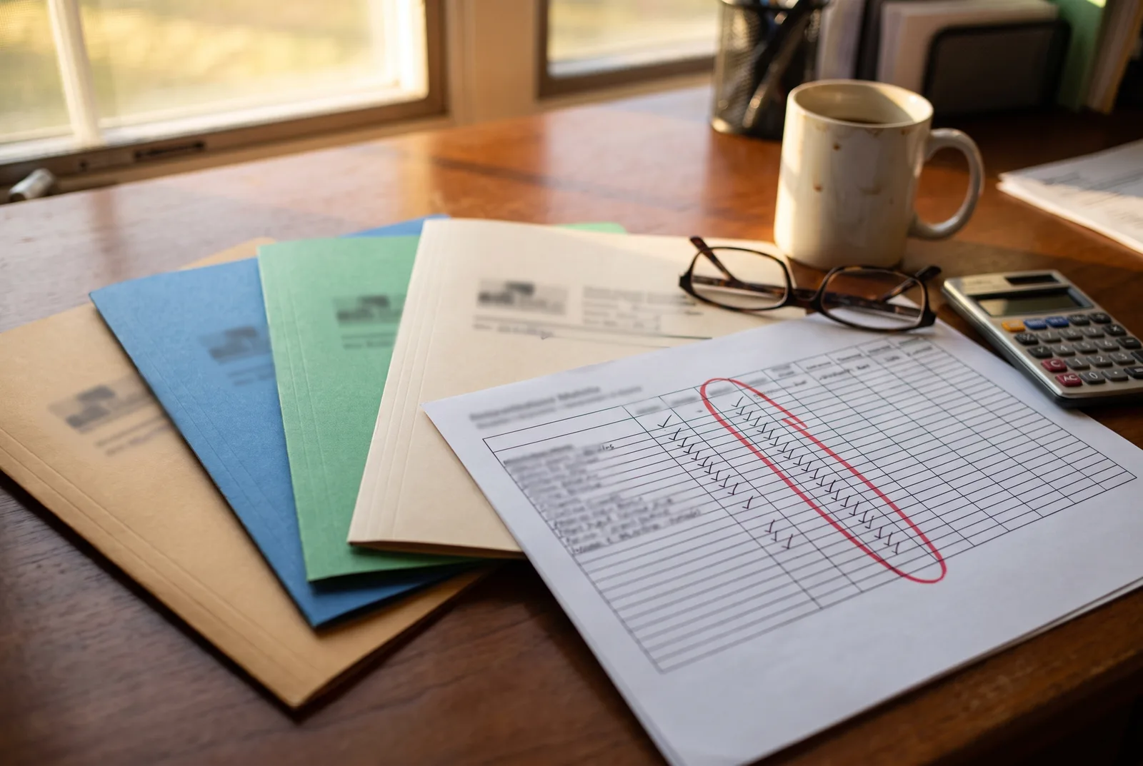 Buyer's desk with vendor proposal folders fanned out and a comparison matrix with one column circled in red