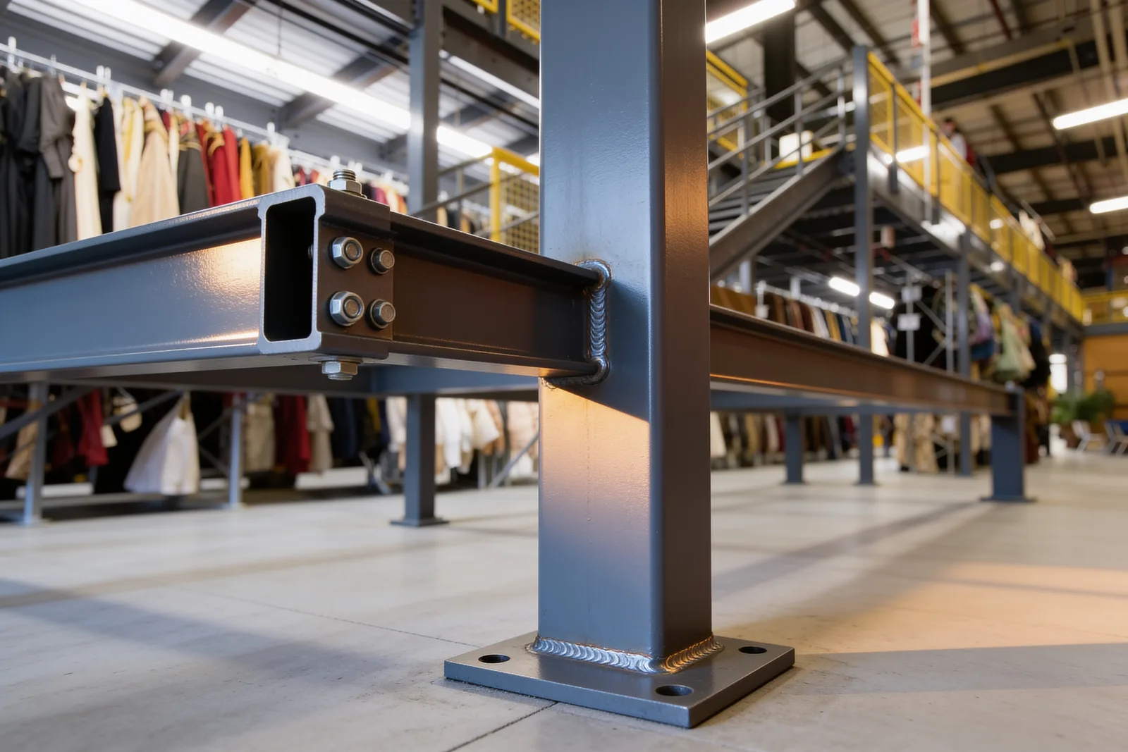 Close detail along a mezzanine beam line showing a continuous weld, crisp powder coat and torqued structural bolts