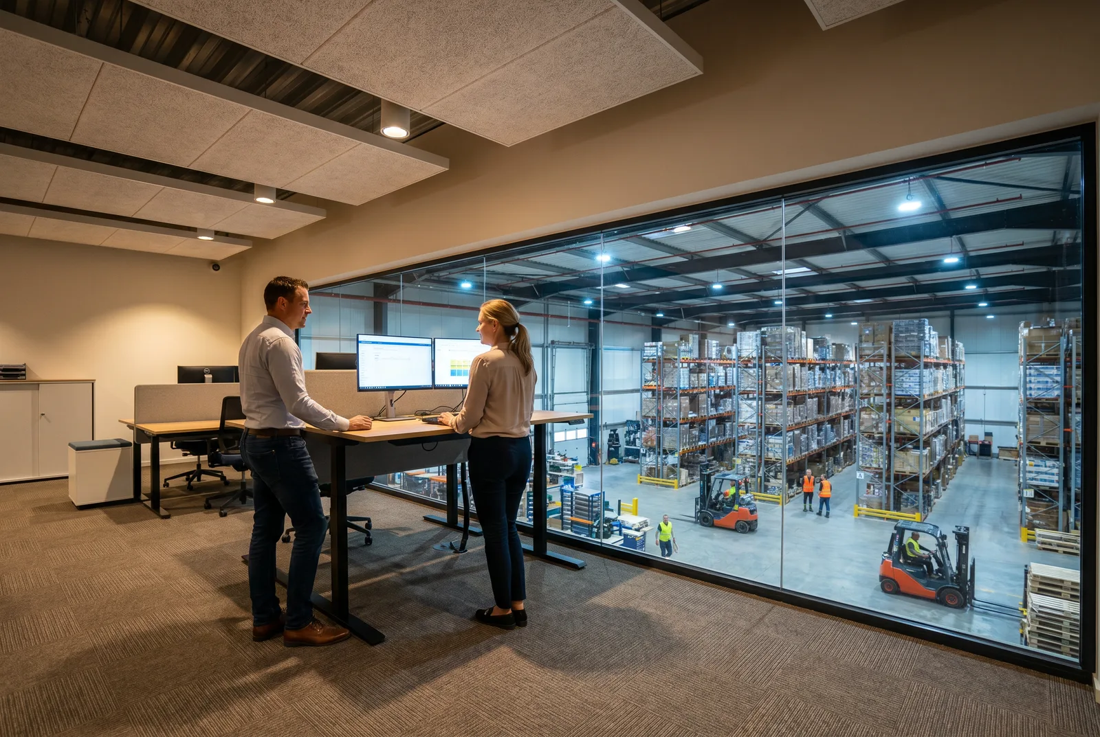 Supervisors working at desks inside a mezzanine office with a window wall overlooking the warehouse floor below